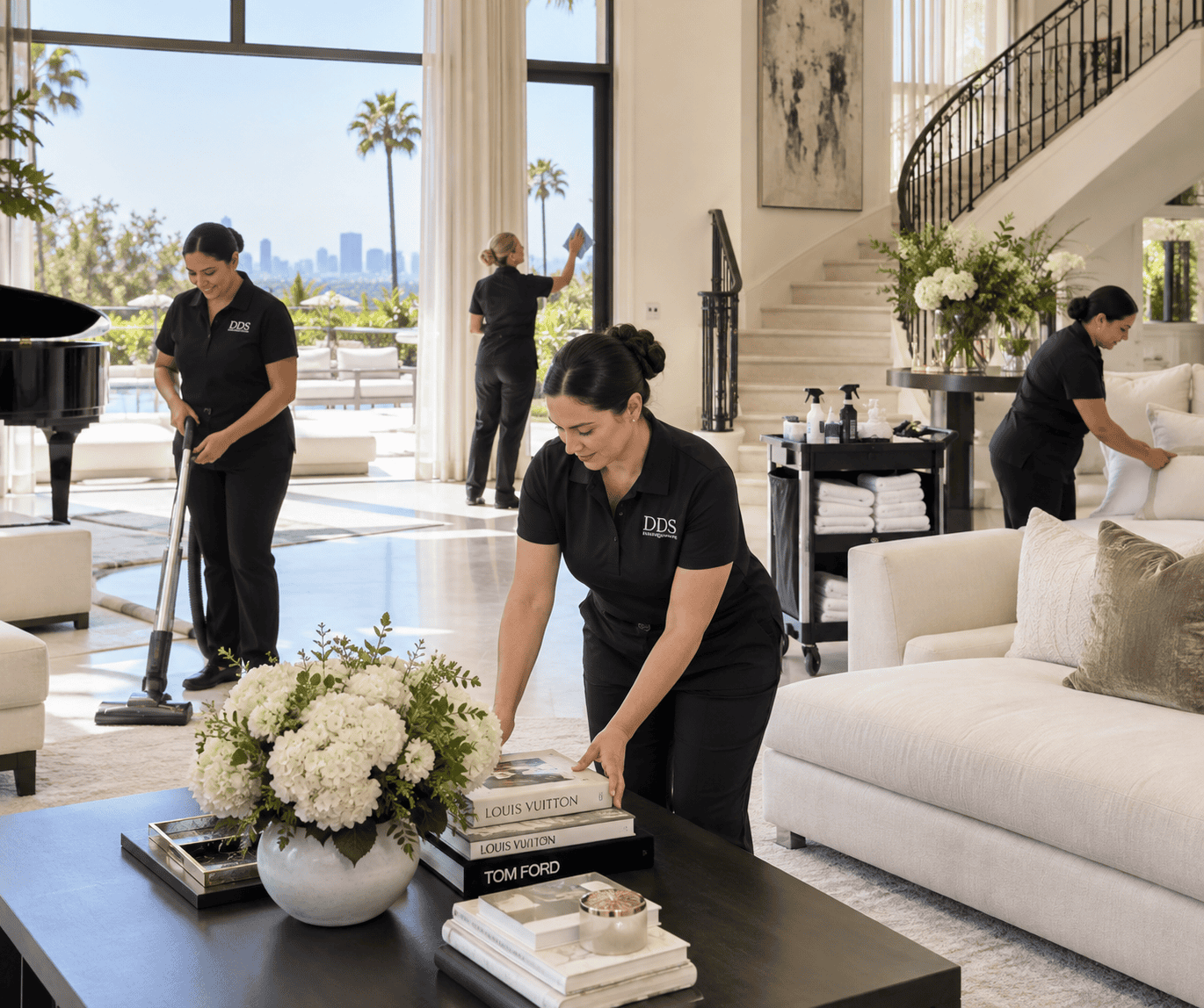 Housekeeping team, estate housekeeper, traveling fitness trainer, laundress, housekeeper, lady's maid,domestic,staffing, estate staffing, UHNW, family office, distinguished Domestics Estate Manager
